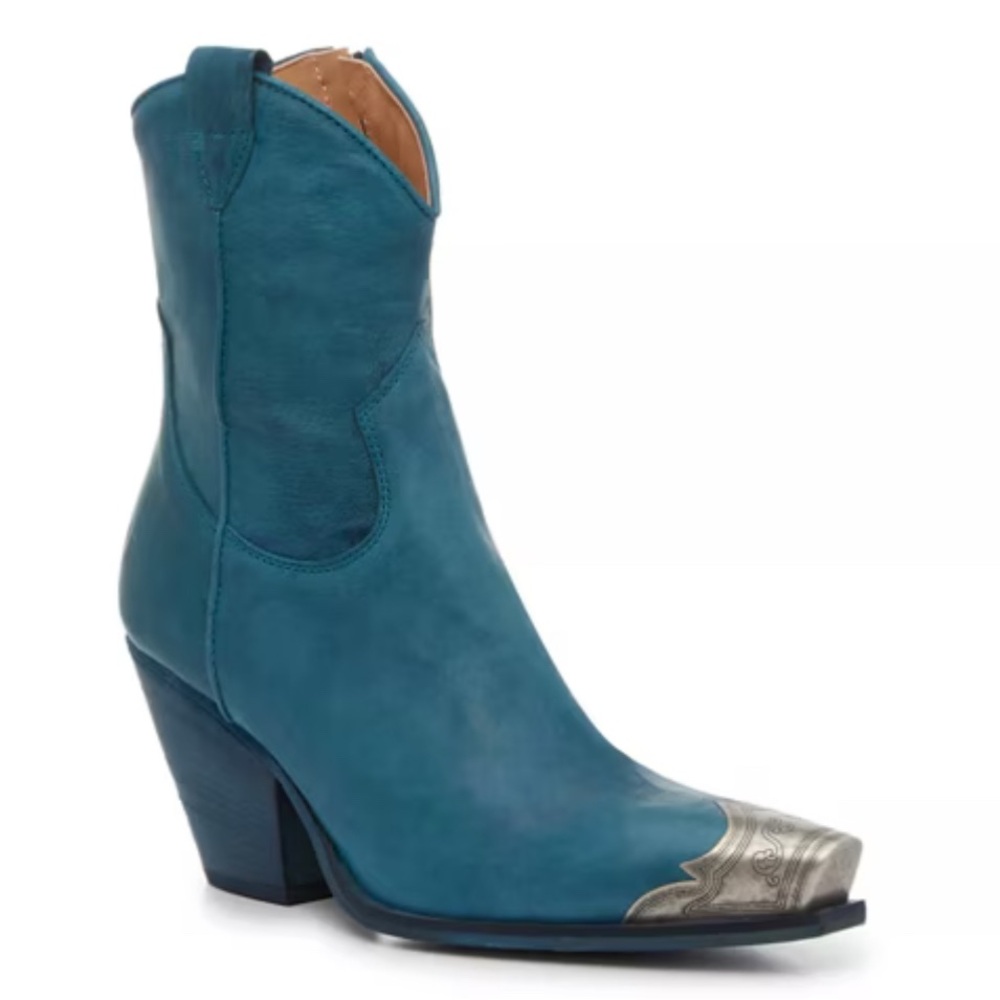 Free People Teal Western Heeled Boots with Silver Toe Detail